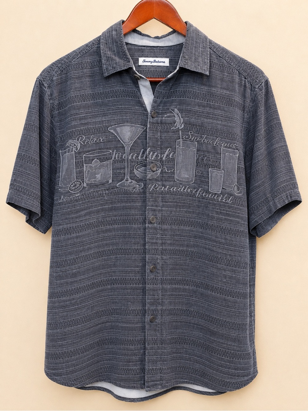 Tommy Bahama 100% Silk Camp Shirt Gray Cocktail Print Men's Medium